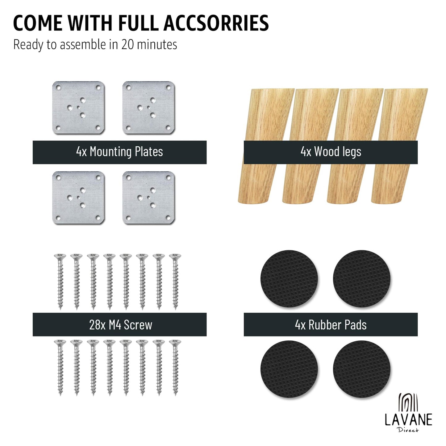 La Vane 4 Pack Solid Wood Furniture Legs 30cm - Angled Tapered Table Legs with Mounting Plates & Screws - Replacement Feet for Sofa, Bed, Cabinet, Couch, Chair (Wood, Natural)