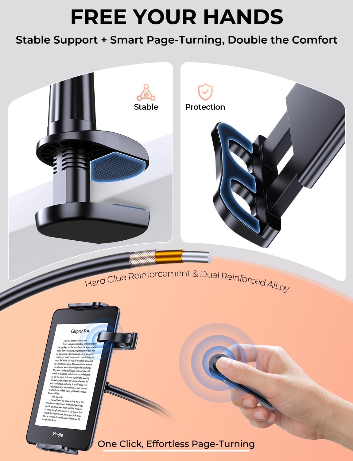 TRYONE Tablet Stand with RF Remote, adjustable swivel for reading on Kindle or eReaders. Includes Page Turner, suitable for Kindle Paperwhite, Oasis, Kobo, Pocketbook, and Tolino.