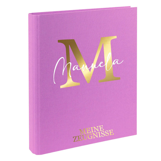 Personalized folder for children with name | Document folder with initial letter for girls and boys | Certificate organizer made of linen for storing certificates (Purple)