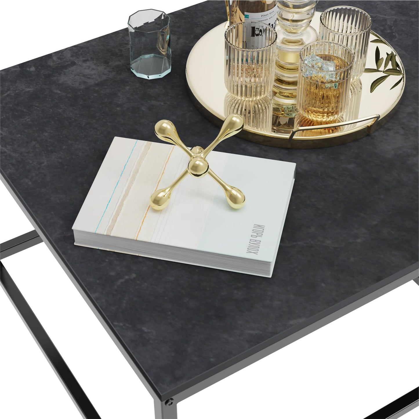 FATIVO Coffee Table Black Marble Living Room Table: set of 2 side tables modern square with metal frame for large living room: 65×65×40cm small: 60×60×34cm