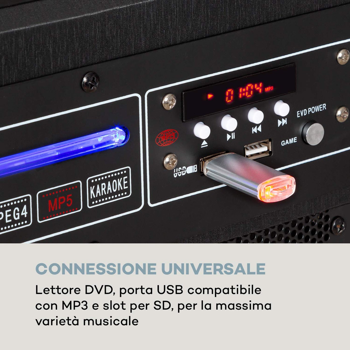 auna Pro DisGo Box DVD - Mobile PA system with built-in DVD player, 300 W max., 2 x 10 (25.5 cm) subwoofers, Bluetooth, USB, SD slot, wireless UHF microphone, battery, remote control, black.