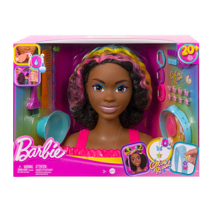 Barbie HMD79 - Barbie Deluxe Styling Head, Barbie Totally Hair, curly brown neon rainbow hair, doll head for hair styling, Color Reveal accessories, for ages 3+.