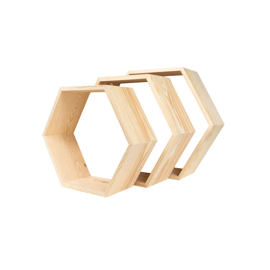 HANDKADECOR Hexagonal Wooden Shelves - Set of 3 - Honeycomb shaped shelf boxes stand