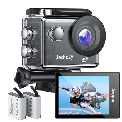 Jadfezy WiFi Action Cam HD 1080P, 12MP Action Camera Wide Angle 2" LCD Screen, Waterproof Underwater Camera up to 30m/98FT with 2×1050mAh Batteries and accessory Kit for helmet and bicycle etc.