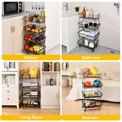 Miyawell fruit basket stand 4 tier fruit stand metal vegetable basket removable fruit holder kitchen storage basket with wheels suction cups, countertop decorative bowls 4 tiered fruit bowl