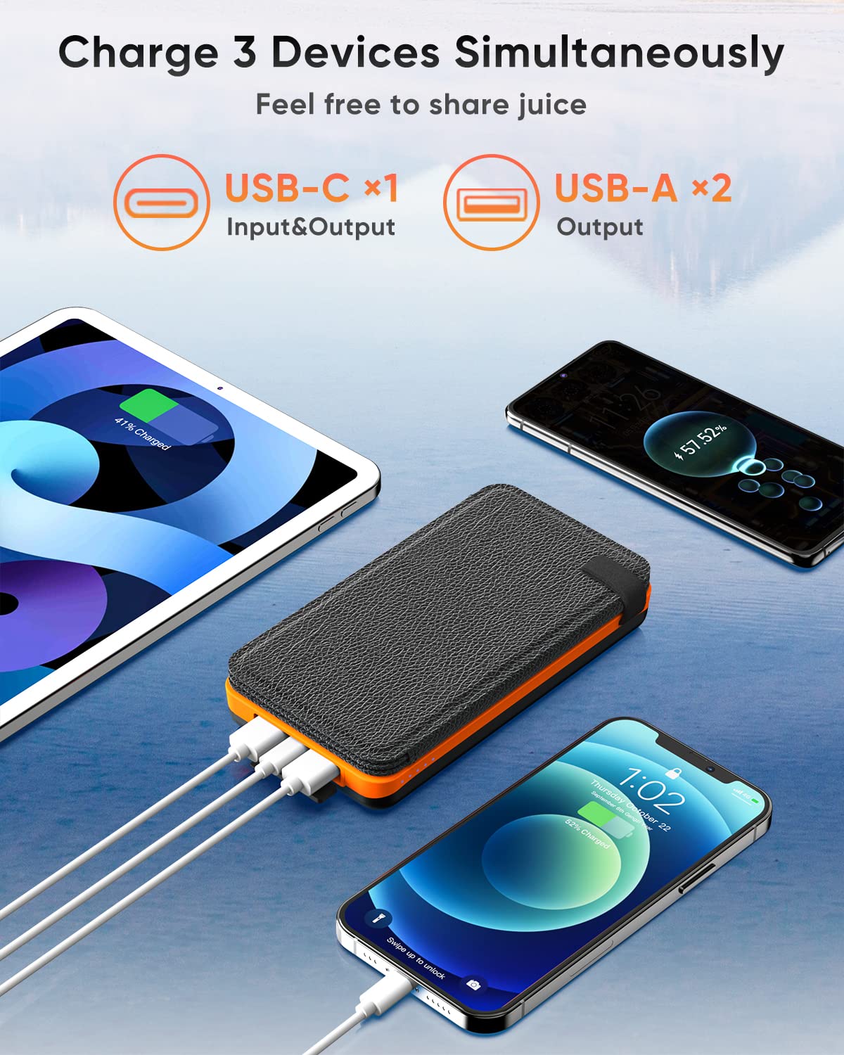 Hiluckey Solar Powerbank 25000mAh with 4 solar panels, 3A fast charging USB C portable solar charger with 3 outputs external battery for phone tablet