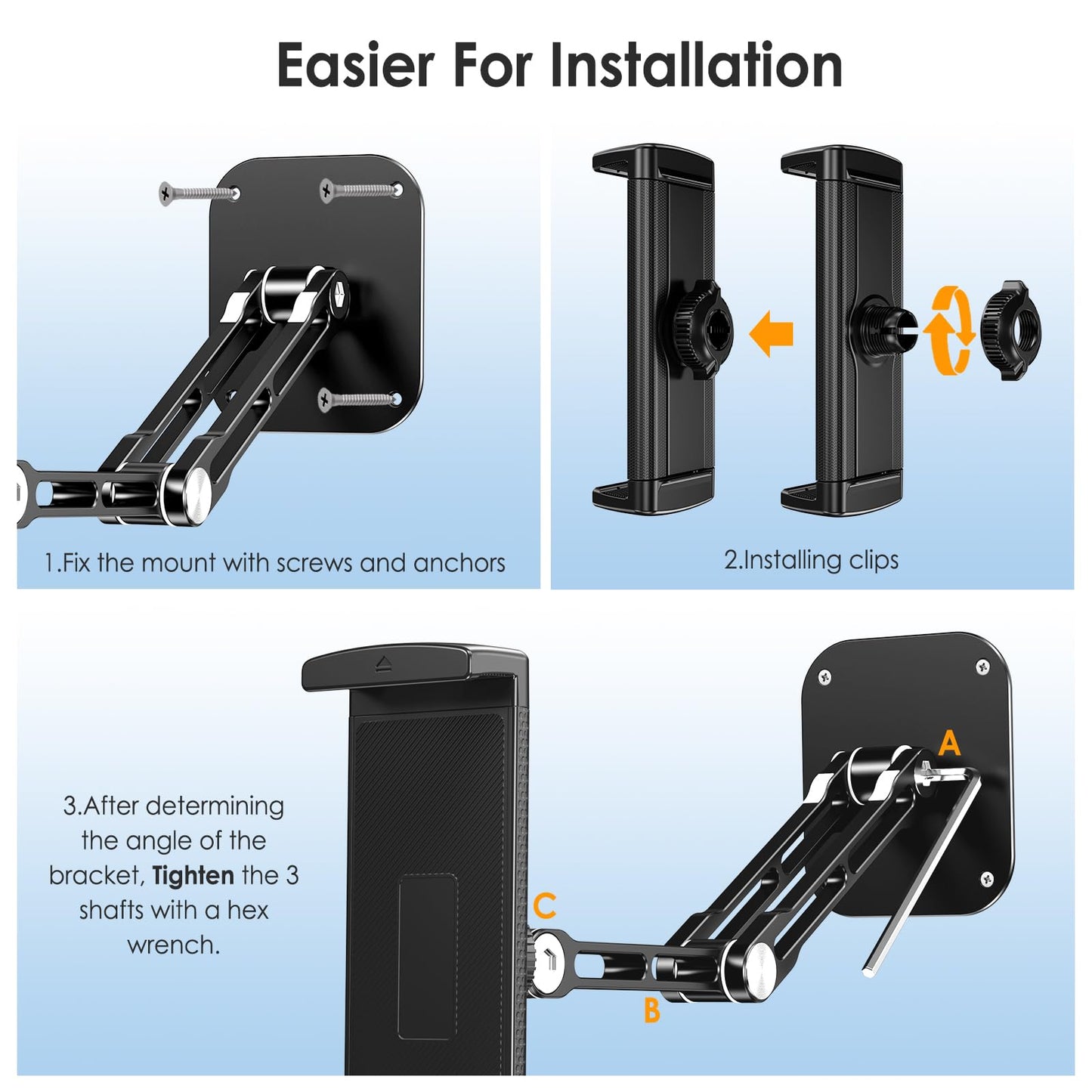 Lucrave Tablet Wall Mount, Aluminum retractable iPad Wall Mount, with 360° rotatable base adjustable and foldable for iPad Pro Air Mini, Samsung Galaxy Tab, all 4.7-13" phones and tablets