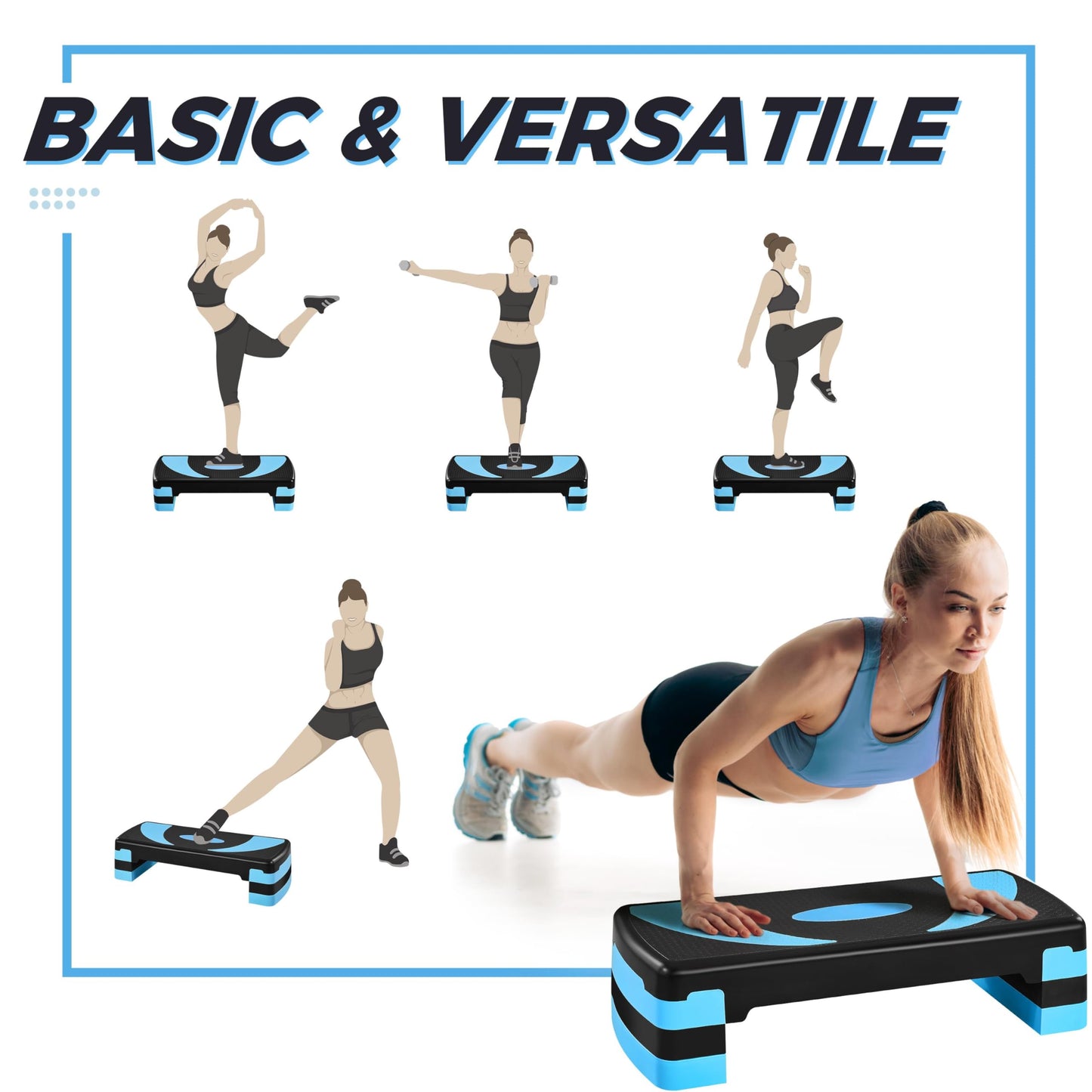 Yaheetech Fitness Aerobic Stepper with 3 levels (10/15/20 cm) Adjustable Step Bench, Non-slip training equipment for office and home in Blue.