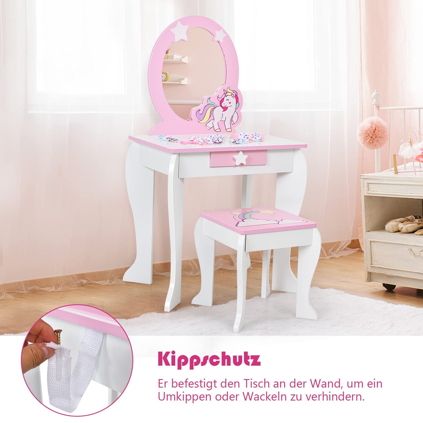 DREAMADE Kids Vanity Set with Stool and Removable Mirror, Princess Vanity Table for Kids, Dressing Table with Drawer, Kids Vanity for Girls (White)