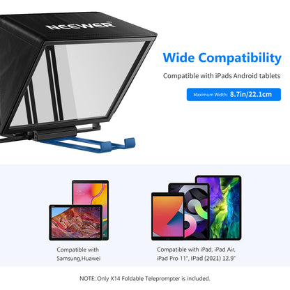 NEEWER Teleprompter X14 with RT 110 remote control and APP control (Bluetooth connection via NEEWER Teleprompter App), portable, no assembly required, compatible with iPad, Android, tablet, smartphone, DSLR camera.