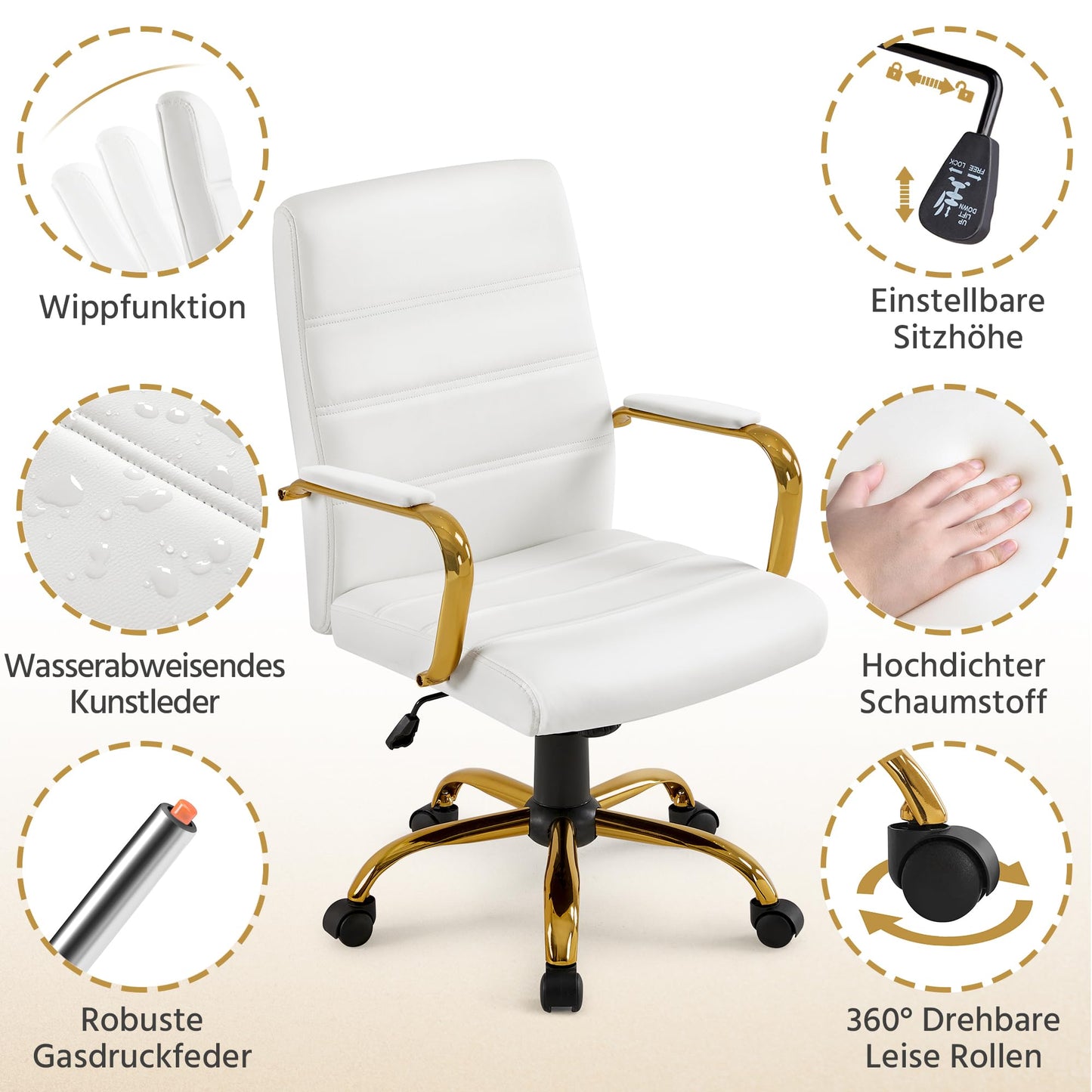 Yaheetech office chair ergonomic desk chair, swivel chair with casters, office stool with armrests, work chair with backrest, executive chair load capacity up to 130kg White/Golden.