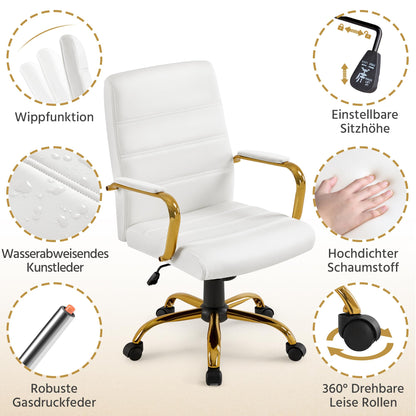 Yaheetech office chair ergonomic desk chair, swivel chair with casters, office stool with armrests, work chair with backrest, executive chair load capacity up to 130kg White/Golden.