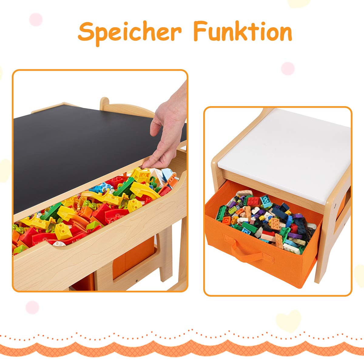 DREAMADE Multifunctional Kids Table Set, Children's Table with 2 Chairs & 2 Storage Boxes for extra space, removable tabletop with chalkboard for drawing, 3-piece Children's Furniture Set (Natural)