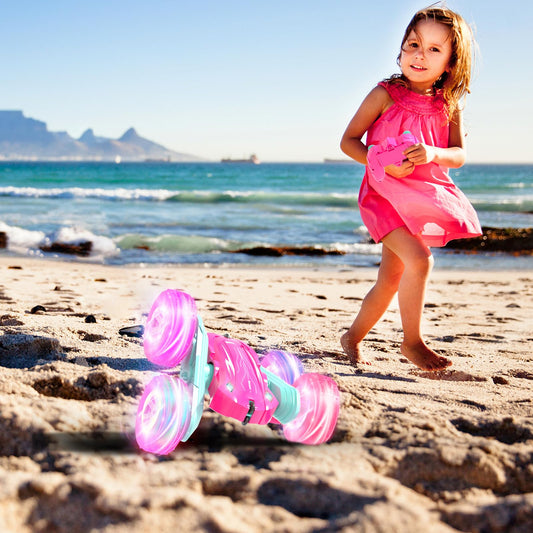 Rodzon Remote Control Car Crawler for Girls Ages 3 4 5 6 7 8 9+ LED Blinking Toy Girls Gifts Kids Toy 2.4Ghz 4WD 360° Flip RC Car with 2 Rechargeable Batteries (Pink)