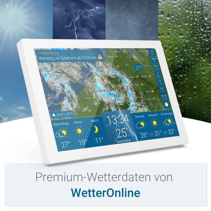 WeatherOnline Home 3, WeatherDisplay with WeatherRadar: new generation of WLAN weather station, indoor sensor to monitor room climate, pollen forecast for allergy sufferers, UV index, severe weather warning.