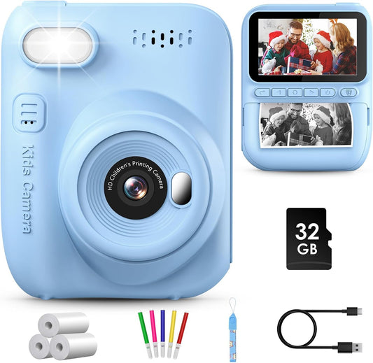 GREENKINDER Instant Camera for Kids,14MP 3.0 Inch Screen Kids Camera Instant Camera with 32G Card,Printing Paper & Colored Pens,1080P Kids Camera Instant Print, 3-12 Years