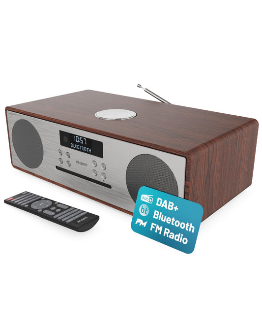 Majority Oakington DAB & FM CD player and digital radio compact system with Bluetooth speaker. HiFi system with dual USB input/charging, AUX/USB, DAB radio, and CD stereo system.