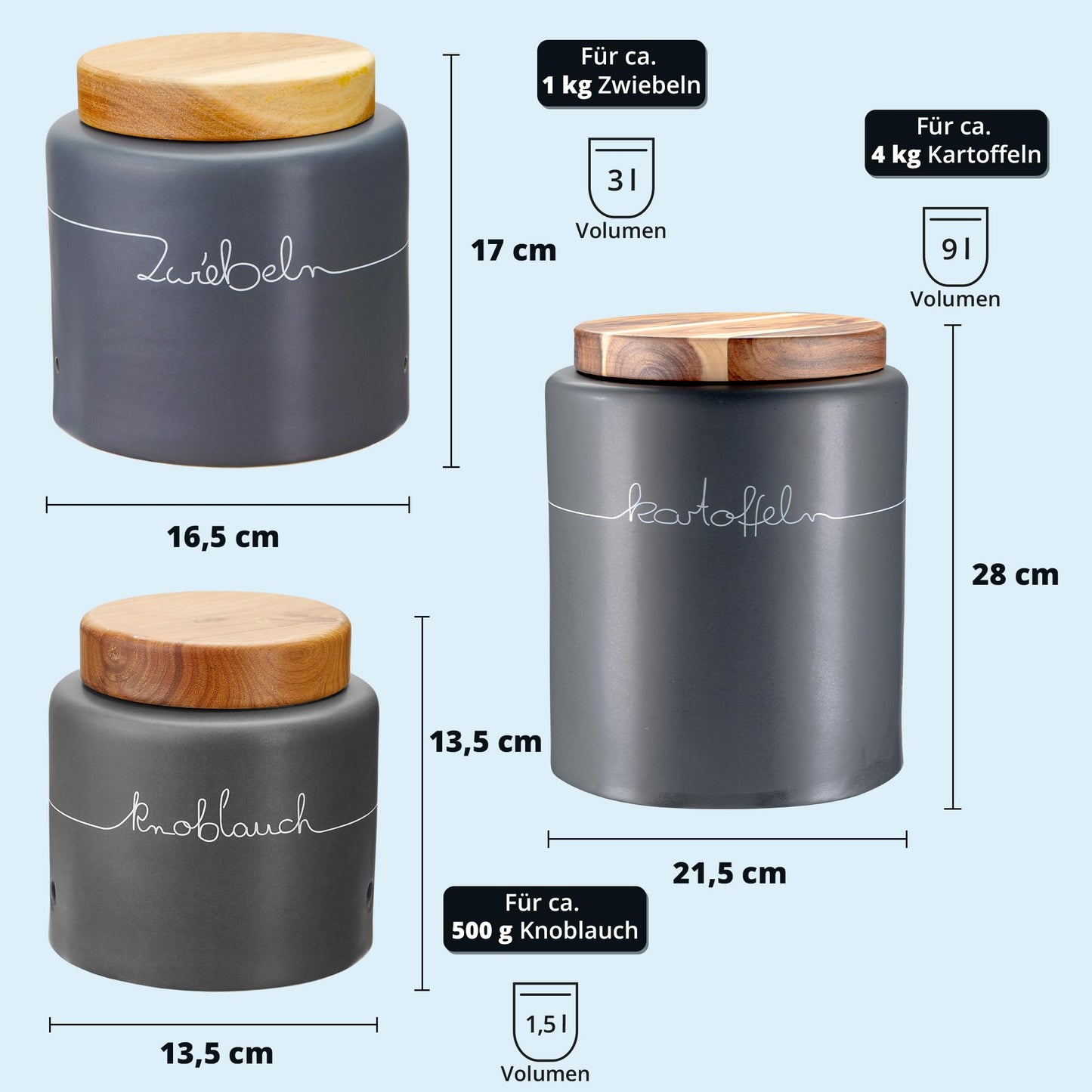 KHG Potato Onion Garlic Storage 3pc Set, Ceramic Stoneware polished, Charcoal Gray Wood Lid Bamboo, Ornate Script, Capacity 3L & 1.5L