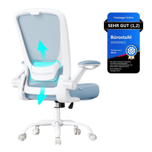 SONGMICS ergonomic office chair with mesh, lumbar support, rocking function, 53 cm wide seat, foldable armrests, for work and bedroom, students, misty blue OBN037Q01