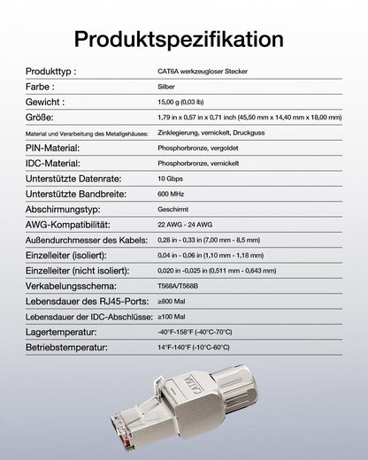 VCELINK CAT 6A RJ45 Plug, CAT 6A Network Plug Shielded RJ45 Tool-Free Plug for Bulk Cable CAT8 CAT7 CAT6A, 10 Gbps 500MHz, 8 Pieces