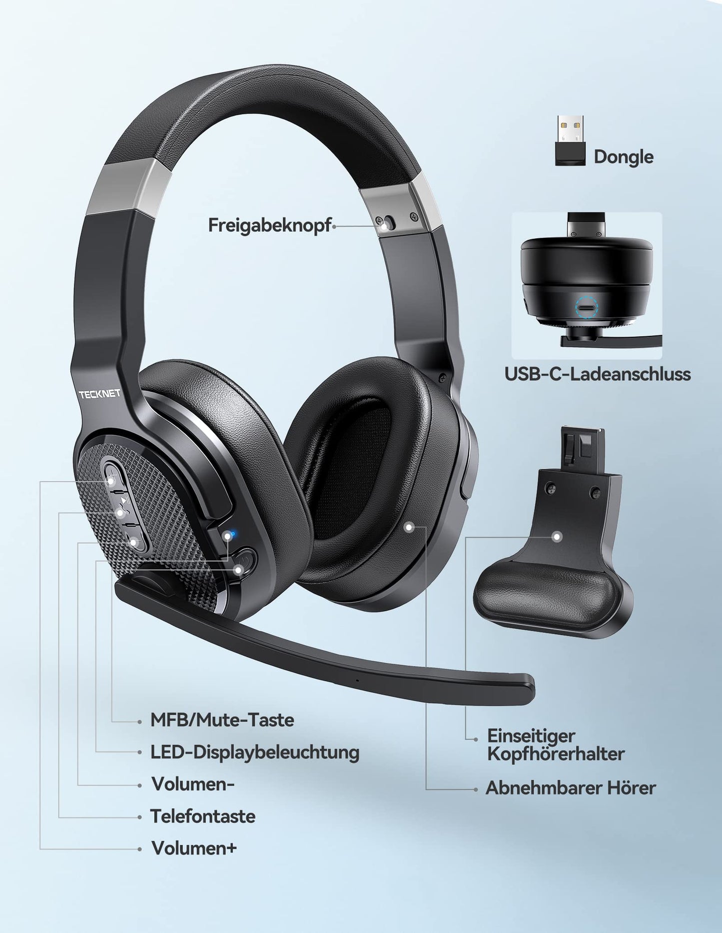 TECKNET Bluetooth headset with microphone, noise cancelling single and dual over-ear headset wireless with USB dongle, 3 EQ music modes, wireless PC headphones for office, home, Zoom, Microsoft Teams.