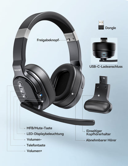 TECKNET Bluetooth headset with microphone, noise cancelling single and dual over-ear headset wireless with USB dongle, 3 EQ music modes, wireless PC headphones for office, home, Zoom, Microsoft Teams.