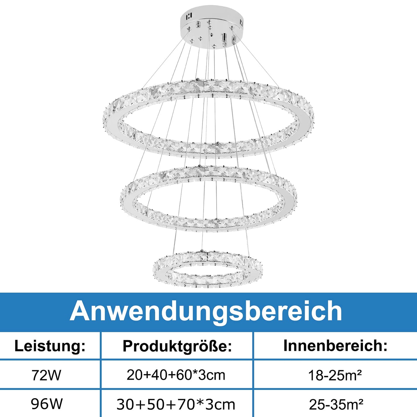 ATUM 72W Modern Crystal LED 3 Ring Design, Creative Chandelier Hanging Light for Bedroom Living Room Dining Room (Cool White, 72W)