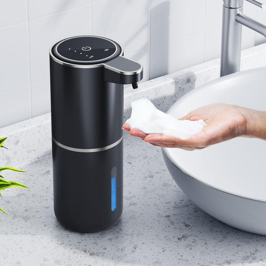 Amyzavls automatic soap dispenser, 380ml wall-mounted touchless electric soap dispenser with sensor, USB rechargeable foam soap dispenser for bathroom, kitchen, office in black.