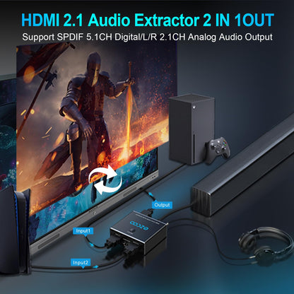 4K 120Hz HDMI 2.1 audio extractor 2X1 VRR ALLM HDCP2.3 HDR10 ARC CEC audio extractor switch 2 IN 1 OUT audio converter HDMI to HDMI SPDIF optical stereo L/R Dolby Digital EDID for PS5 XBOX NVIDIA