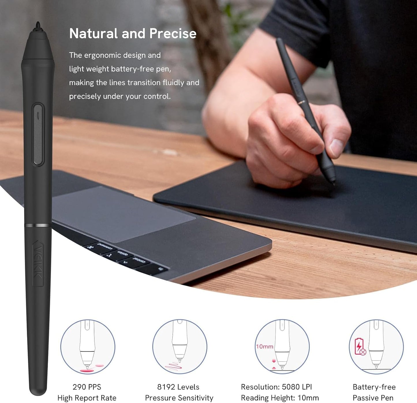 VEIKK VK1060PRO graphics tablet, 10x6 inch drawing tablet with 8 shortcut keys. Features double wheel design, 8192 levels of pressure sensitivity, battery-free pen. Compatible with Windows/Mac OS/Android/Linux.