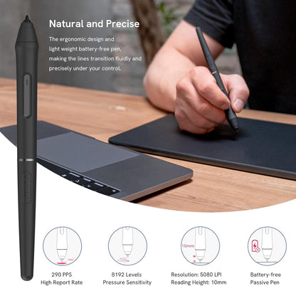 VEIKK VK1060PRO graphics tablet, 10x6 inch drawing tablet with 8 shortcut keys. Features double wheel design, 8192 levels of pressure sensitivity, battery-free pen. Compatible with Windows/Mac OS/Android/Linux.