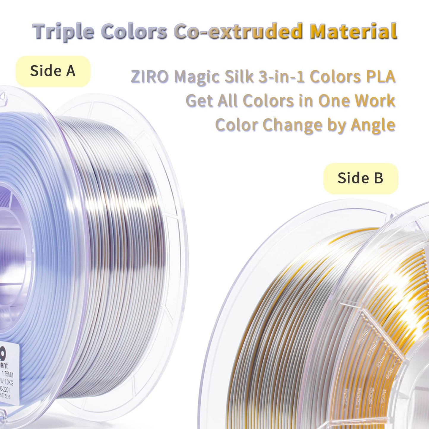 ZIRO PLA Filament Dual Color Coextrusion Silk 3D Printer Filament 1.75mm for 3D Printers & 3D Pens, Multicolor PLA Rainbow Filament, 1kg (2.2lbs), Gold & Silver Color
