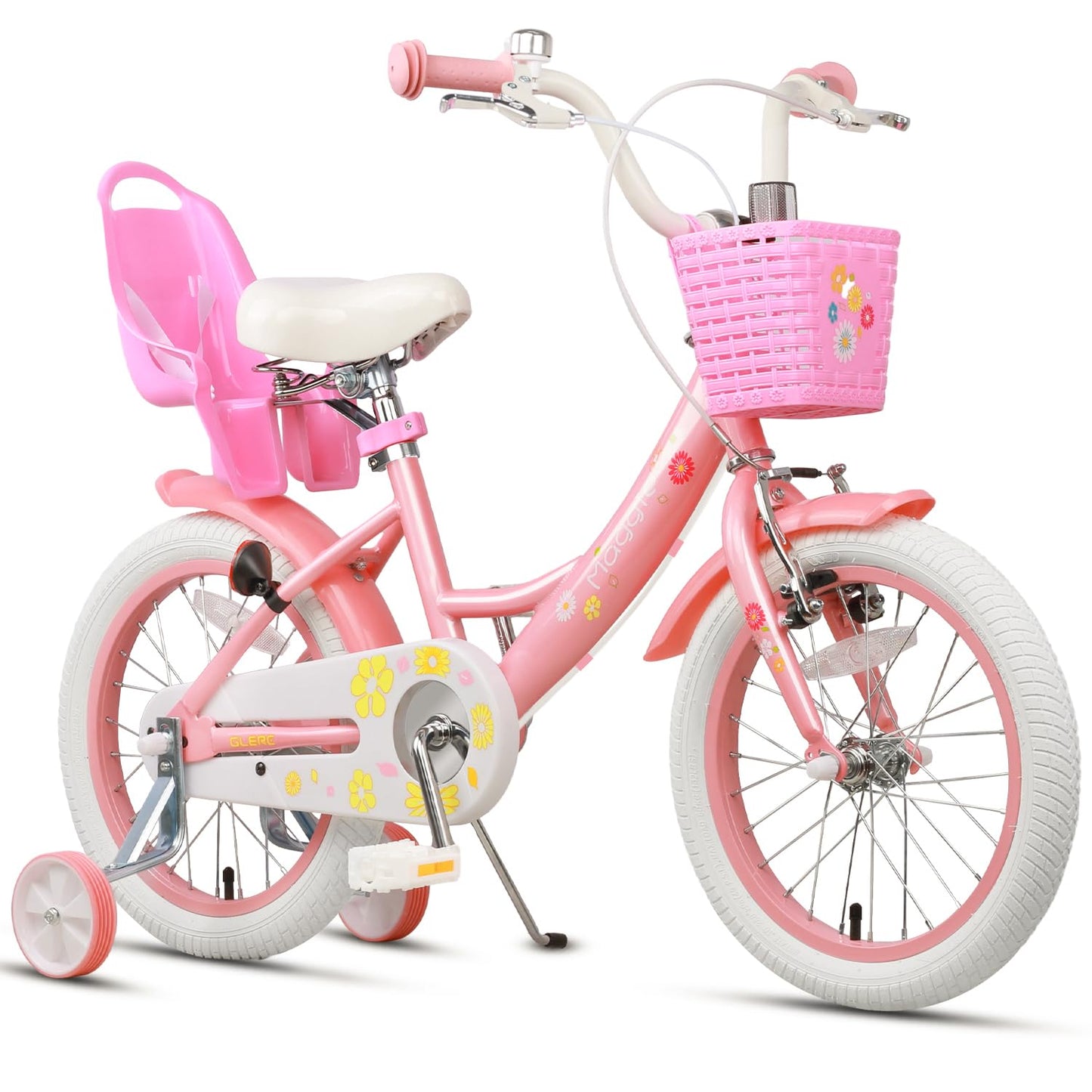 Glerc Maggie 16 inch kids' bike for 4-7 year old girls. Princess style with doll seat, basket, training wheels, and bell. Perfect birthday gift, in pink to white.