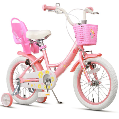 Glerc Maggie 16 inch kids' bike for 4-7 year old girls. Princess style with doll seat, basket, training wheels, and bell. Perfect birthday gift, in pink to white.