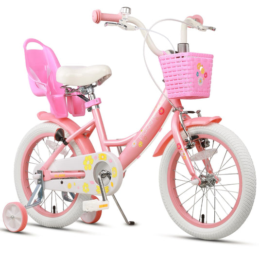 Glerc Maggie 16 inch kids' bike for 4-7 year old girls. Princess style with doll seat, basket, training wheels, and bell. Perfect birthday gift, in pink to white.