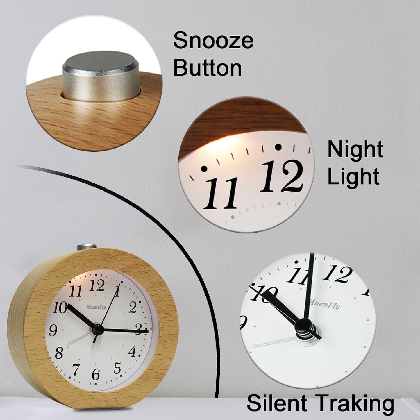 Analog alarm clock without ticking, set of 2 wood alarm clocks with snooze, battery operated retro table clock with night light for bedroom, night kids, and office (1xAA battery required)
