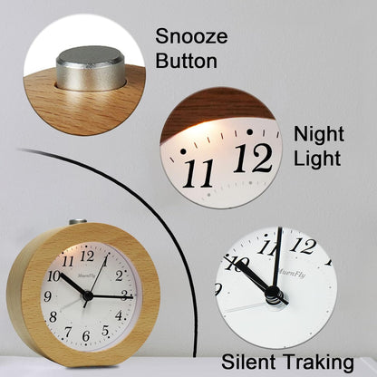 Analog alarm clock without ticking, set of 2 wood alarm clocks with snooze, battery operated retro table clock with night light for bedroom, night kids, and office (1xAA battery required)