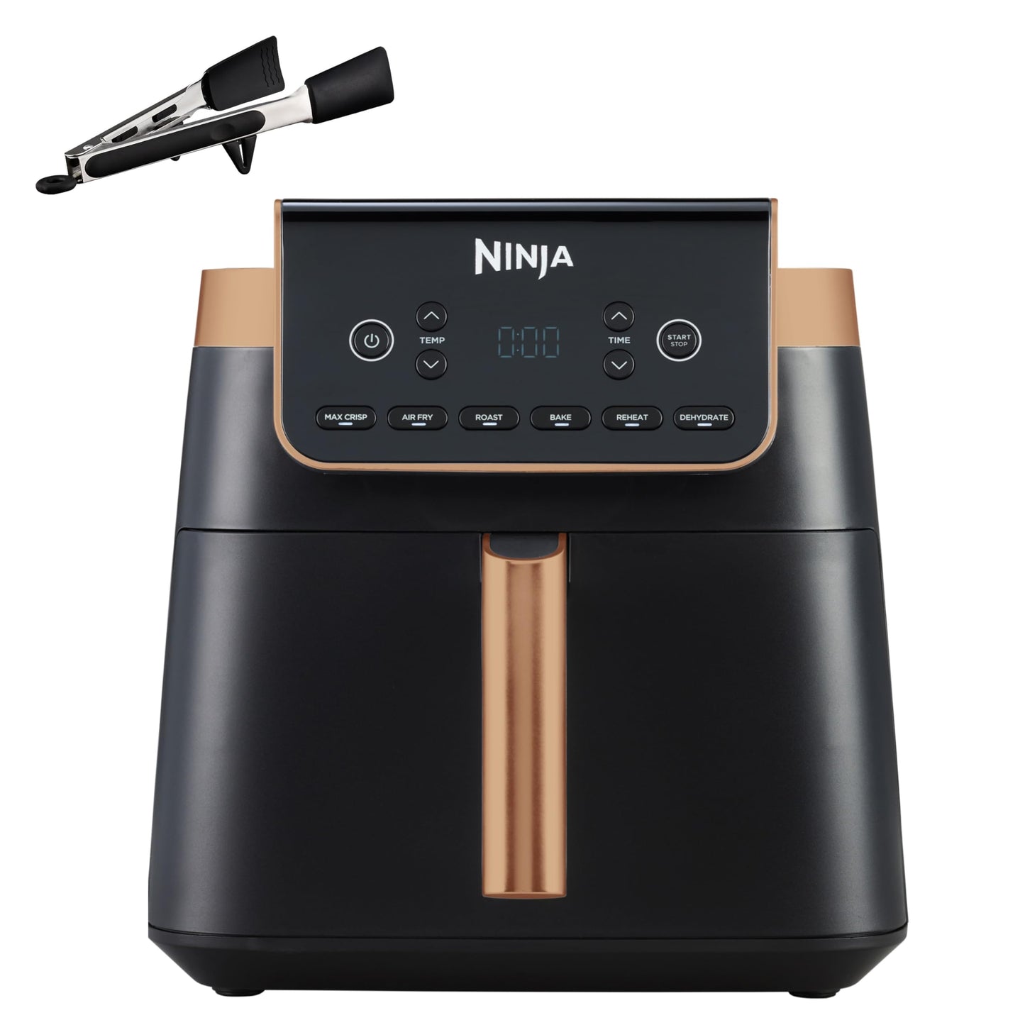 Ninja Max Pro Hot Air Fryer, 6.2L, oil-free, large drawer, roast, bake, air fry, non-stick coated, dishwasher-safe basket & crisper grid insert, silicone tongs, black/copper, AF180EUCP