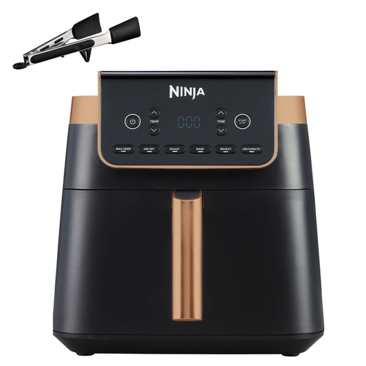 Ninja Max Pro Hot Air Fryer, 6.2L, oil-free, large drawer, roast, bake, air fry, non-stick coated, dishwasher-safe basket & crisper grid insert, silicone tongs, black/copper, AF180EUCP