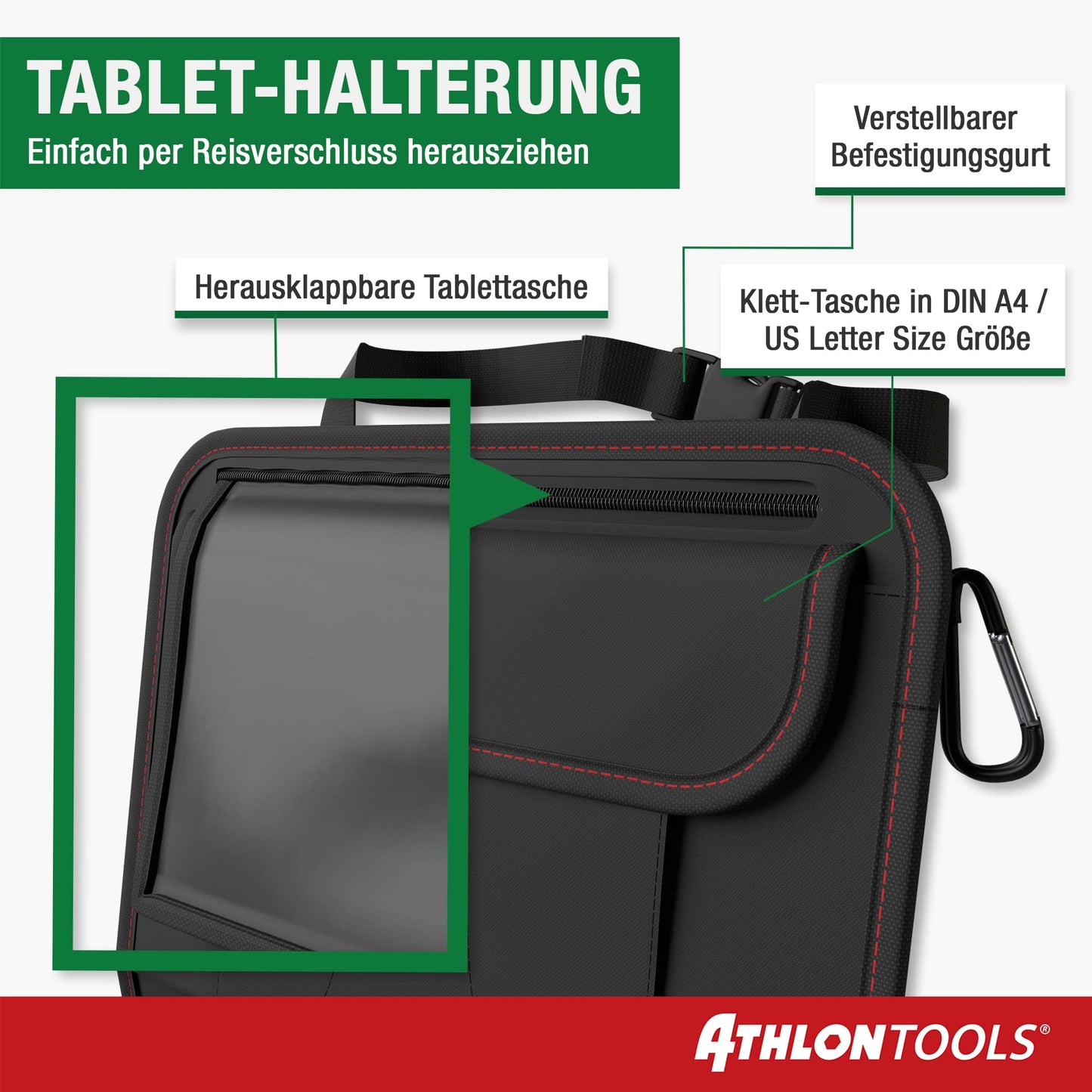 ATHLON TOOLS The most stable car seat organizer - Reinforced back panel - Food-safe - with integrated tablet holder - with extra pen pocket - for business and children - Designed in Hamburg