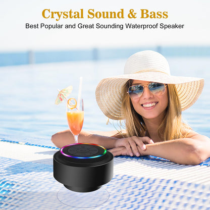 Bluetooth shower speaker, portable waterproof Bluetooth speaker with suction cup, integrated microphone. Perfect for bathroom, parties, and the beach. Great gift idea!