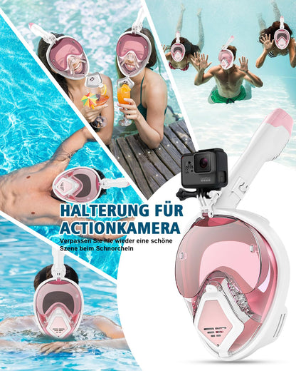Adult snorkel mask, diving equipment for men with fish gill design. Compatible with sports cameras, foldable sunglasses, 180-degree view. Includes glasses holder. (M-Pink)