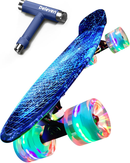 Deleven skateboard with LED wheels, skate tool, and ABEC 7 bearings - for kids and adults beginners - 56 cm