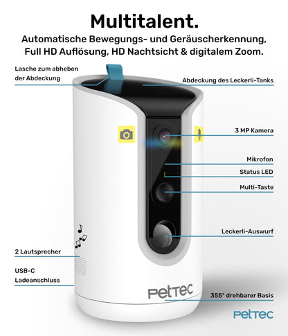 PetTec® pet camera 360° and automatic feeder with treat dispenser - via app & multi-button - bark detection - 3MP night vision function - dog camera & cat camera