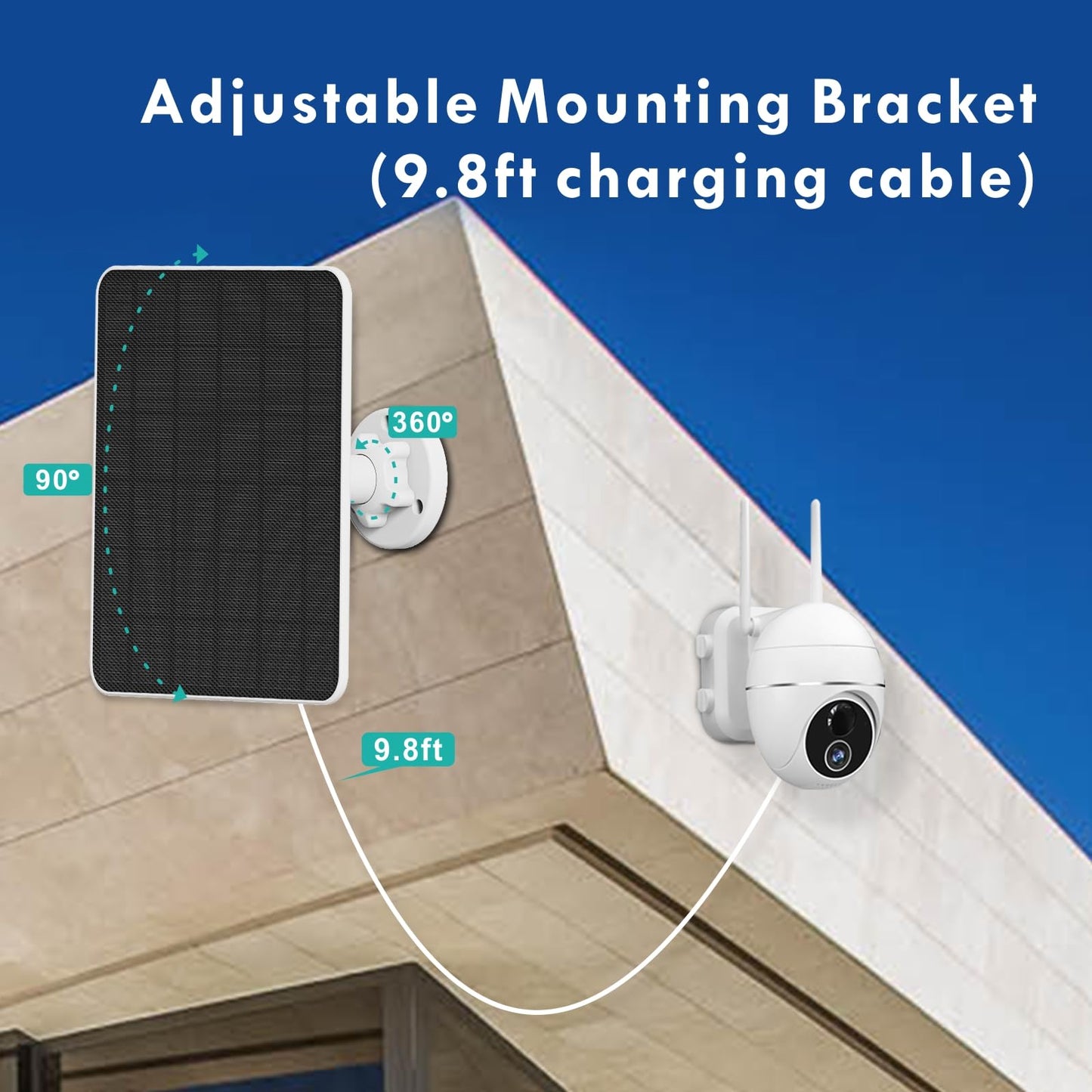 Solar panel for outdoor surveillance camera battery, 6W USB solar module compatible with DC 5V rechargeable battery security camera, camera solar module with adjustable wall mount.