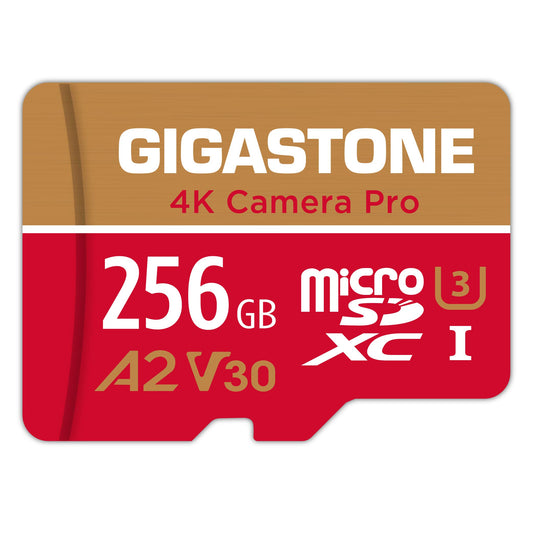 5 years of free data recovery] GIGASTONE 256GB MicroSDXC memory card, 4K camera pro, up to 100/60 MB/s, compatible with GoPro drone switch, A2 V30 U3 UHS-I Micro SD card + SD adapter