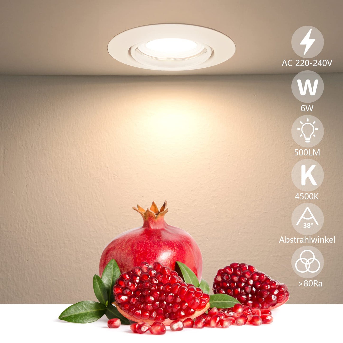 Unikcst 10 pack Dimmable LED Recessed Lights 230V Ultra Flat Swivel Ceiling Spots Round White Recessed Spot 68mm hole diameter, incl. 6W LED Module Neutral White