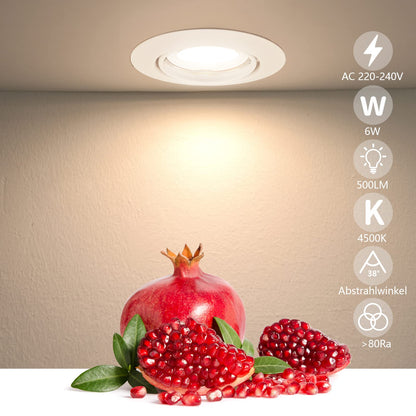 Unikcst 10 pack Dimmable LED Recessed Lights 230V Ultra Flat Swivel Ceiling Spots Round White Recessed Spot 68mm hole diameter, incl. 6W LED Module Neutral White