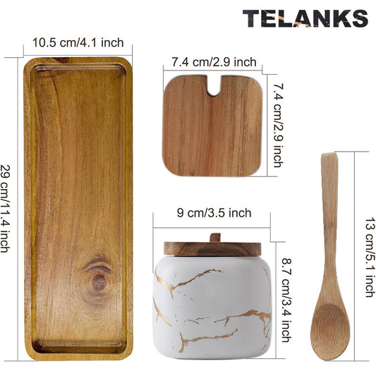 TELANKS 3-piece set includes ceramic sugar bowl with lid and spoon, spice jars with spoon, and salt cellar with lid. Perfect for home and kitchen.