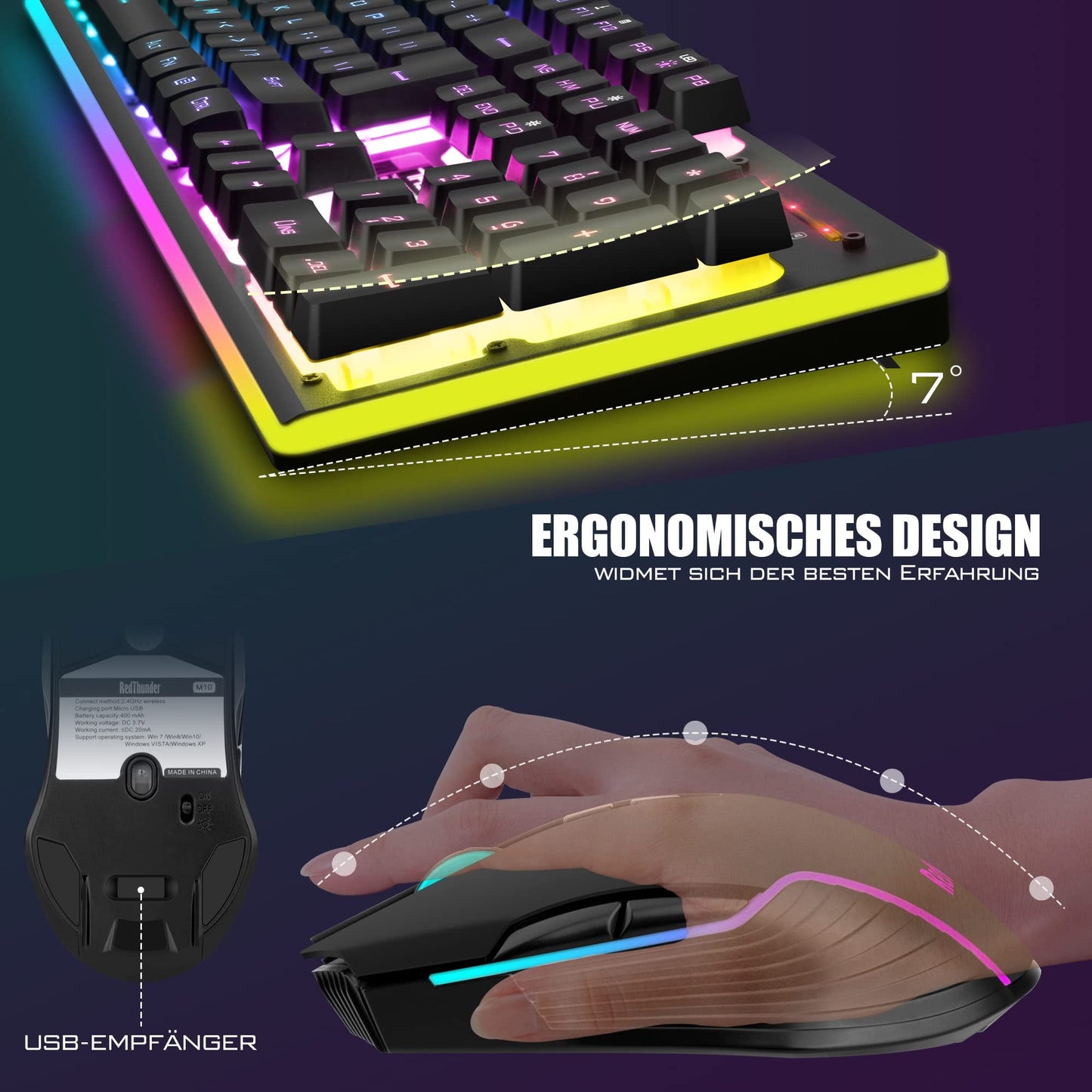 RedThunder K10 Wireless Gaming Keyboard and Mouse Set, QWERTZ DE Layout, 3000mA battery capacity and 3200 DPI for gamers (Black)